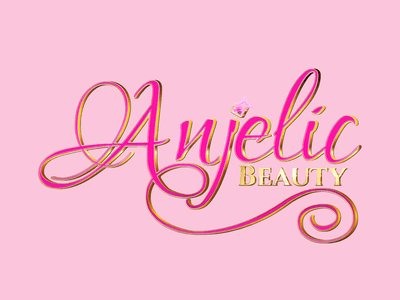 Text logo for Anjelic Beauty on a pink background in elegant script design