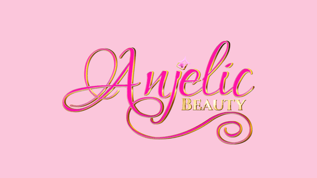 Text logo for Anjelic Beauty on a pink background in elegant script design