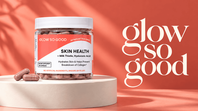 Container of skin health supplement with pills against a coral background and stylish text