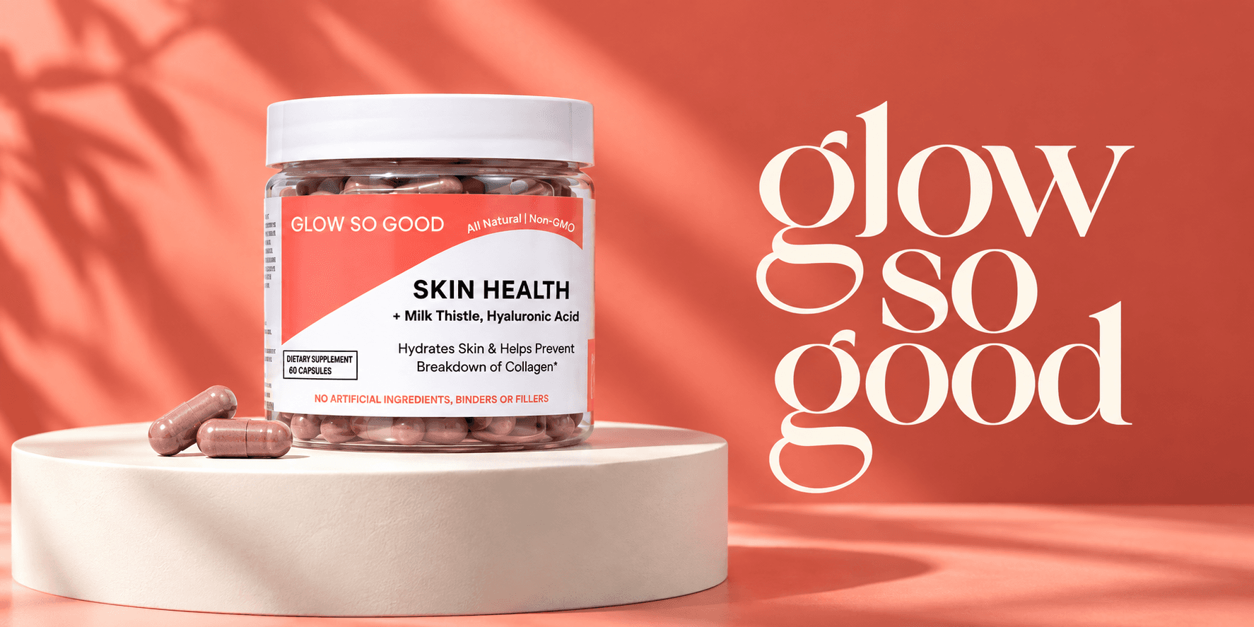 Container of skin health supplement with pills against a coral background and stylish text
