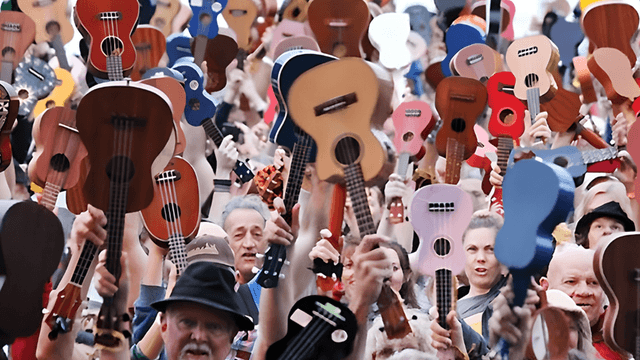 Crowd of people holding various ukuleles in celebration and unity