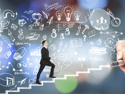 Businessman ascending stairs with diagrams and symbols illustrating success and growth concepts