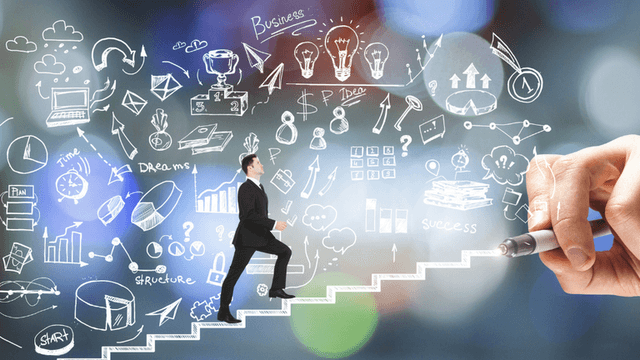 Businessman ascending stairs with diagrams and symbols illustrating success and growth concepts