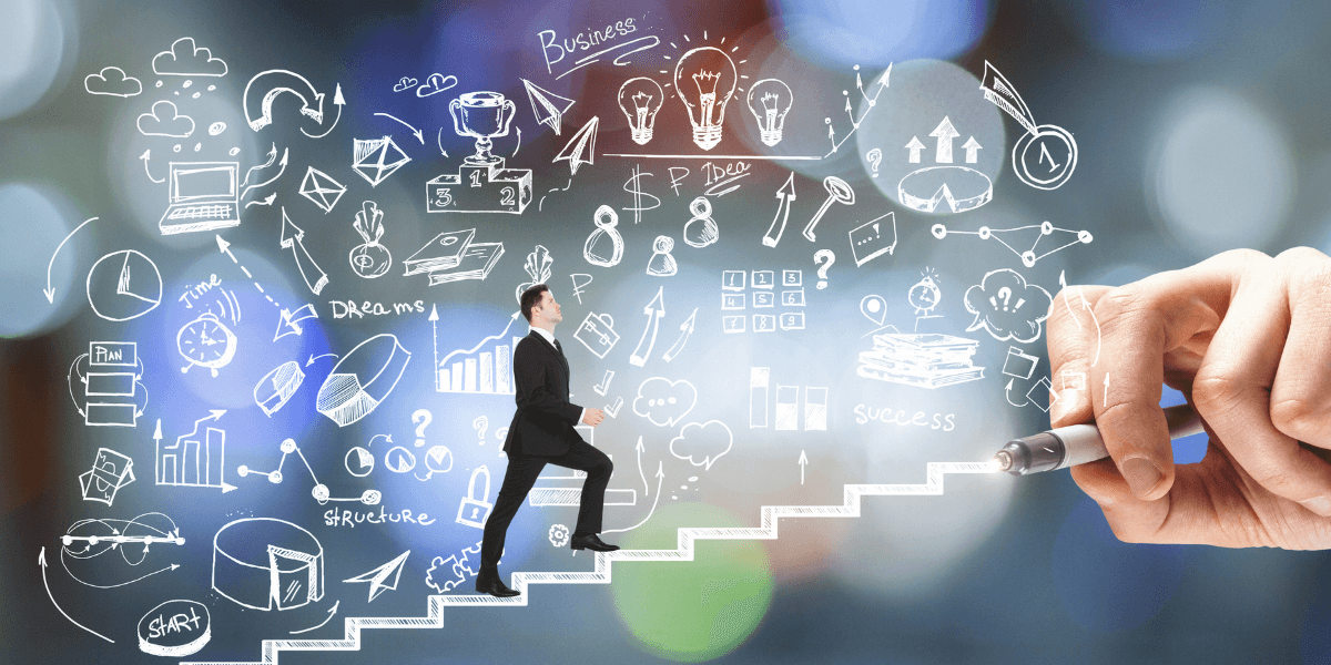 Businessman ascending stairs with diagrams and symbols illustrating success and growth concepts