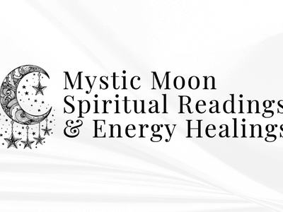 Logo for Mystic Moon featuring a crescent moon and stars with text about spiritual services