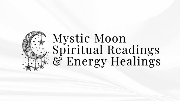 Logo for Mystic Moon featuring a crescent moon and stars with text about spiritual services