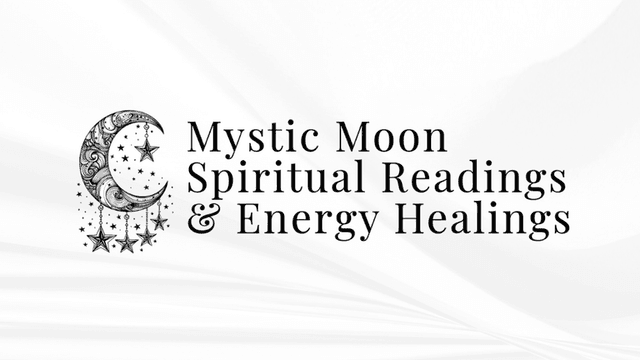 Logo for Mystic Moon featuring a crescent moon and stars with text about spiritual services