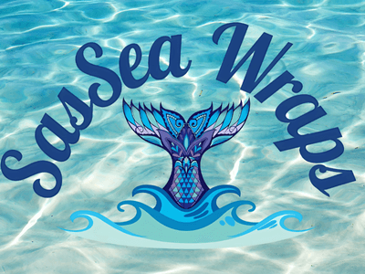 Logo for SasaSea Wraps with a colorful mermaid tail over a blue water background