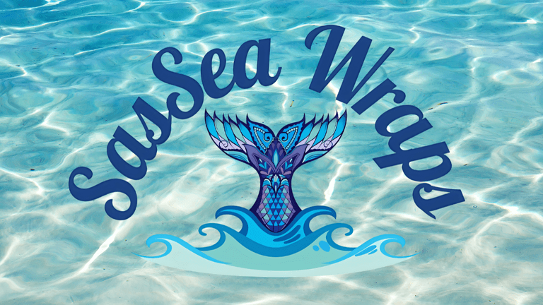 Logo for SasaSea Wraps with a colorful mermaid tail over a blue water background