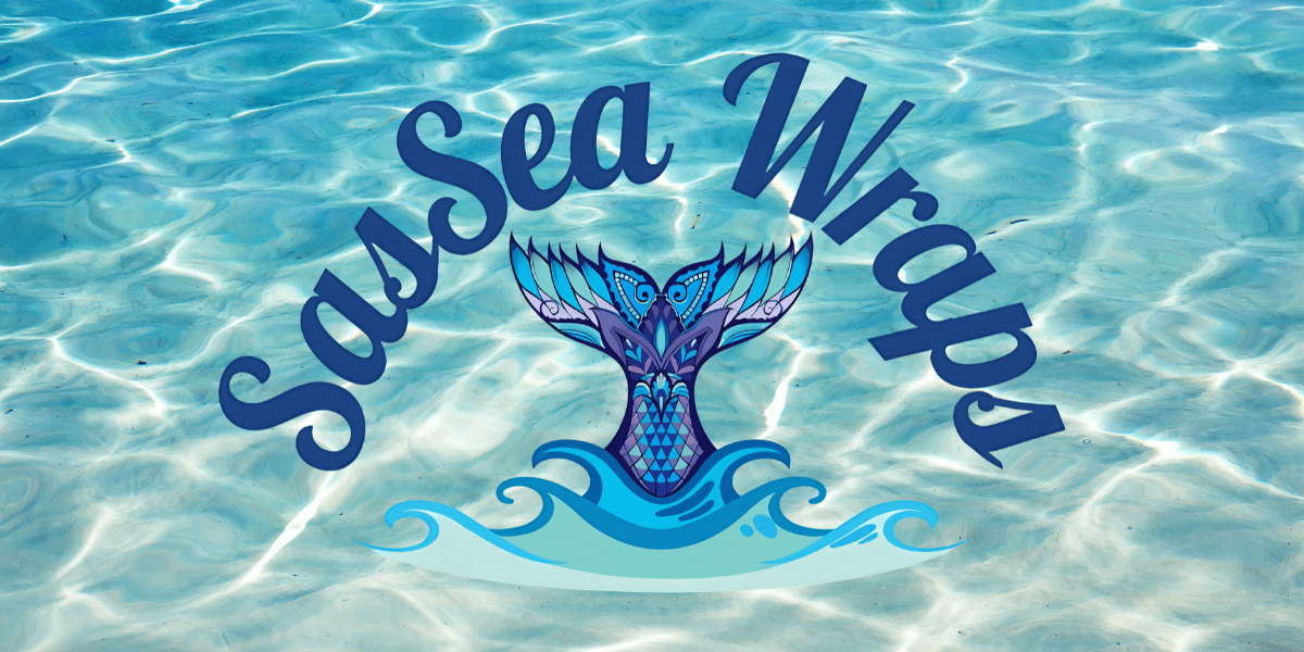 Logo for SasaSea Wraps with a colorful mermaid tail over a blue water background