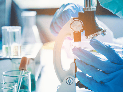 Scientist observing samples under a microscope in a laboratory setting with glassware