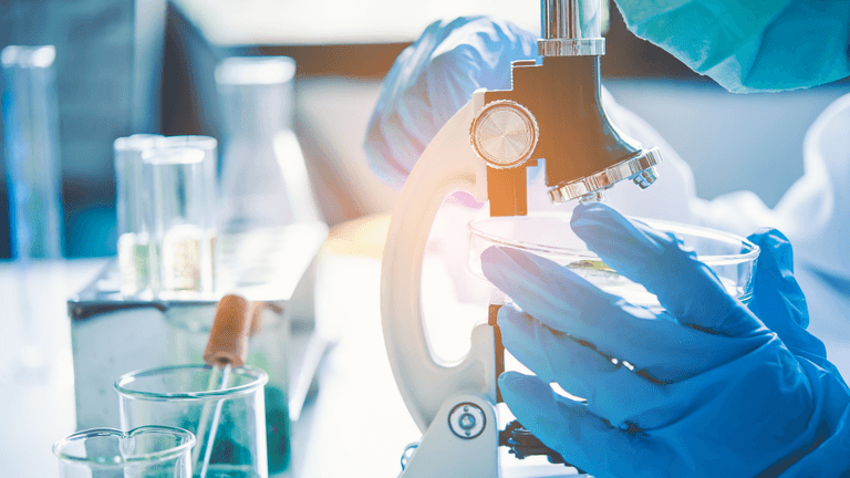 Scientist observing samples under a microscope in a laboratory setting with glassware