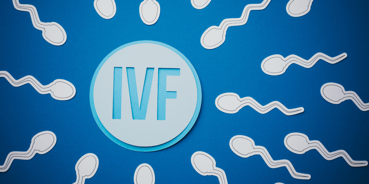 Illustration of sperm around a circular IVF emblem on a blue background