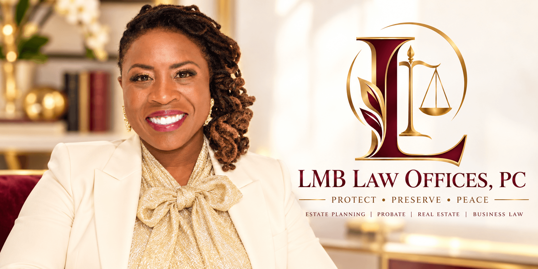 Smiling professional woman in a cream blazer posing in a law office setting