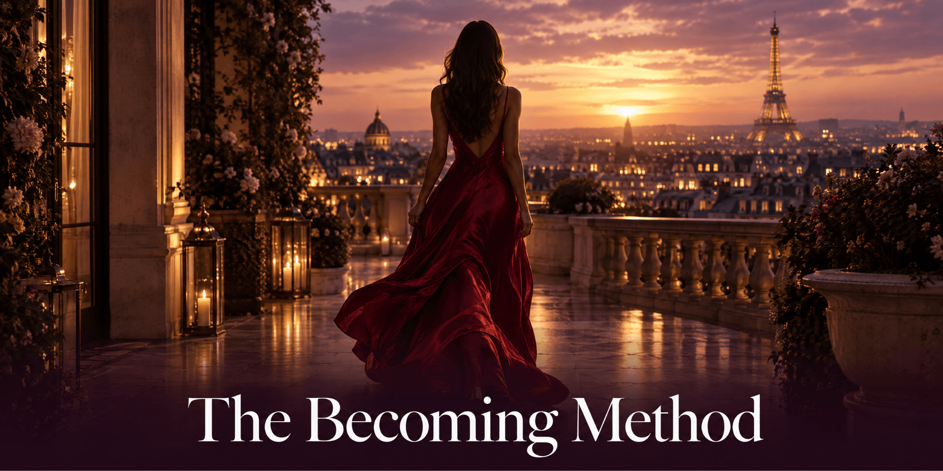 A woman in a red dress walks towards a sunset view of Paris.