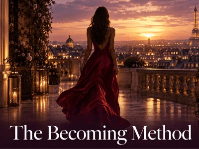 A woman in a red dress walks towards a sunset view of Paris.