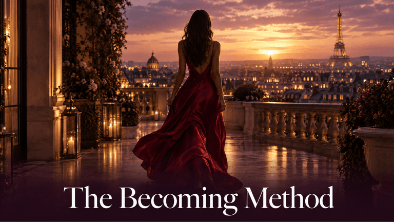 A woman in a red dress walks towards a sunset view of Paris.
