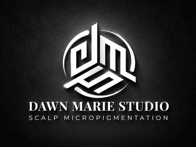Logo for Dawn Marie Studio featuring a stylized design and text about scalp micropigmentation