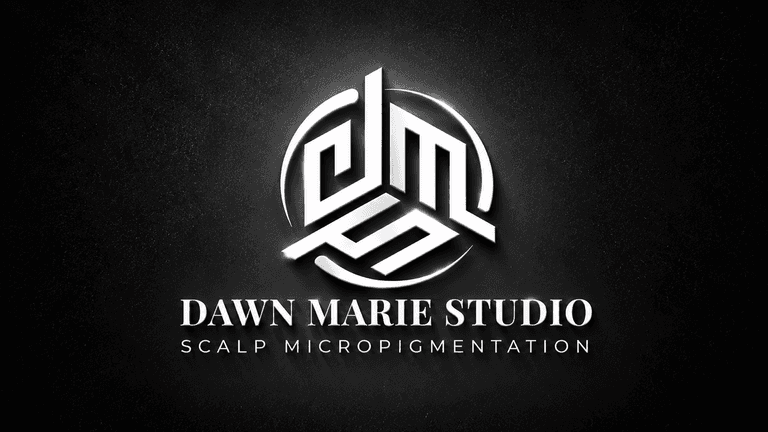 Logo for Dawn Marie Studio featuring a stylized design and text about scalp micropigmentation