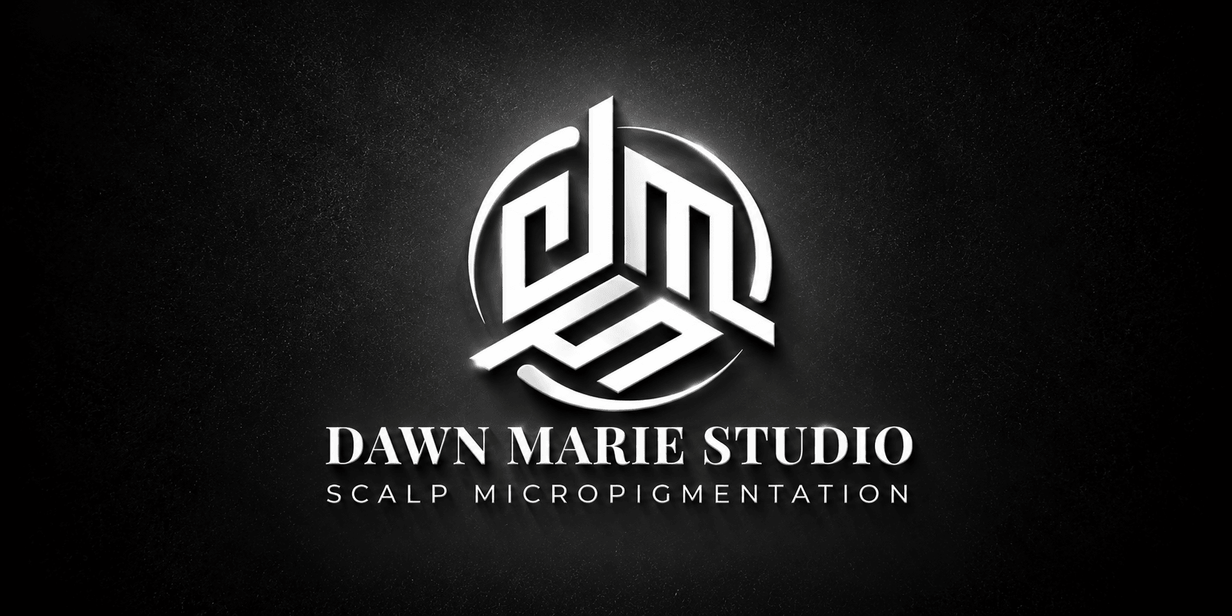 Logo for Dawn Marie Studio featuring a stylized design and text about scalp micropigmentation