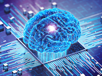 Digital brain graphic with circuits and microchips on a futuristic background