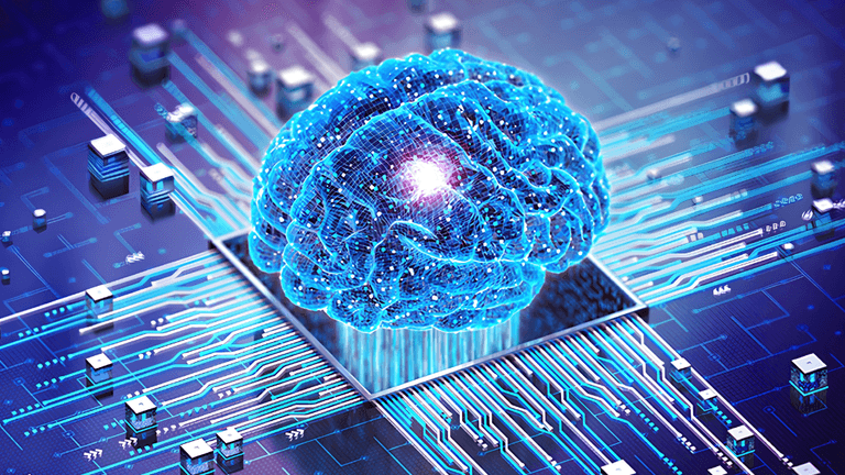 Digital brain graphic with circuits and microchips on a futuristic background