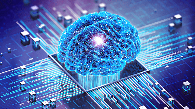 Digital brain graphic with circuits and microchips on a futuristic background