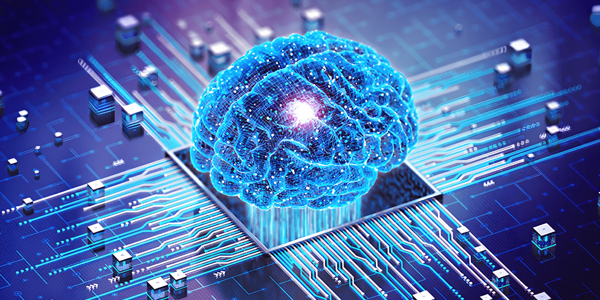 Digital brain graphic with circuits and microchips on a futuristic background