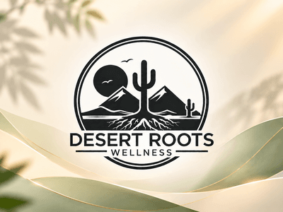 Logo for Desert Roots Wellness featuring mountains, a cactus, and a sun design