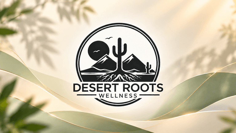 Logo for Desert Roots Wellness featuring mountains, a cactus, and a sun design