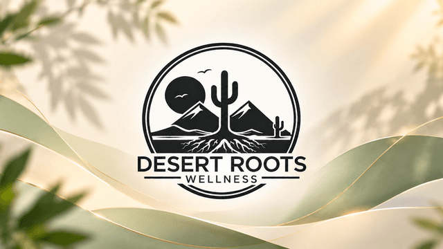 Logo for Desert Roots Wellness featuring mountains, a cactus, and a sun design