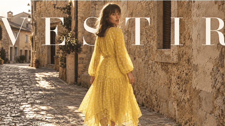 Woman in a yellow dress walking down a charming cobblestone street.