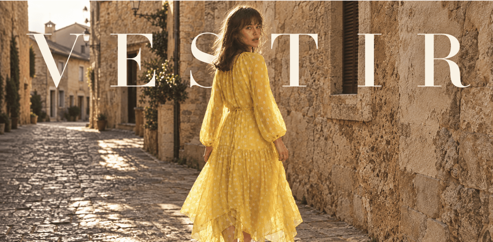 Woman in a yellow dress walking down a charming cobblestone street.