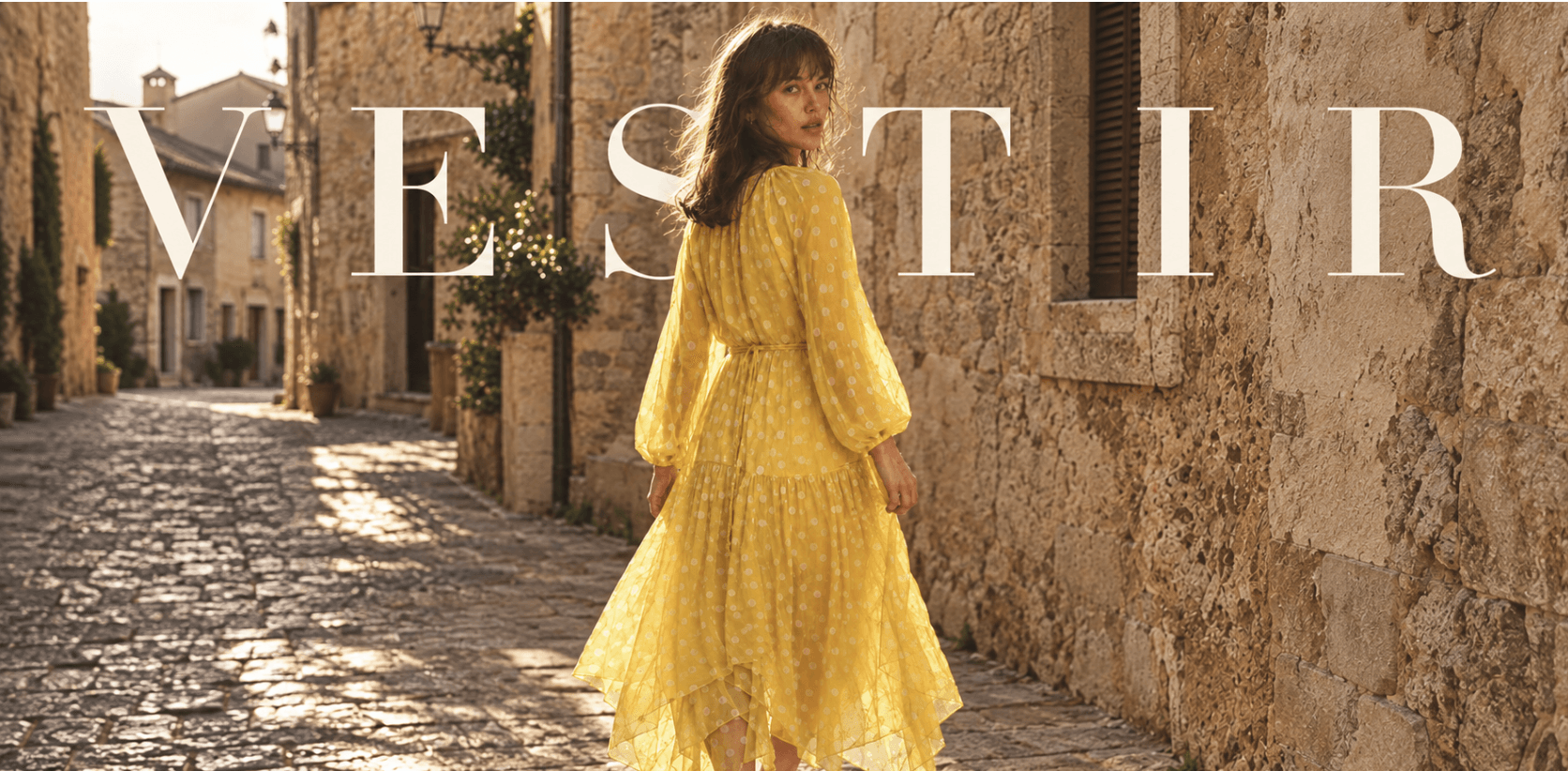 Woman in a yellow dress walking down a charming cobblestone street.