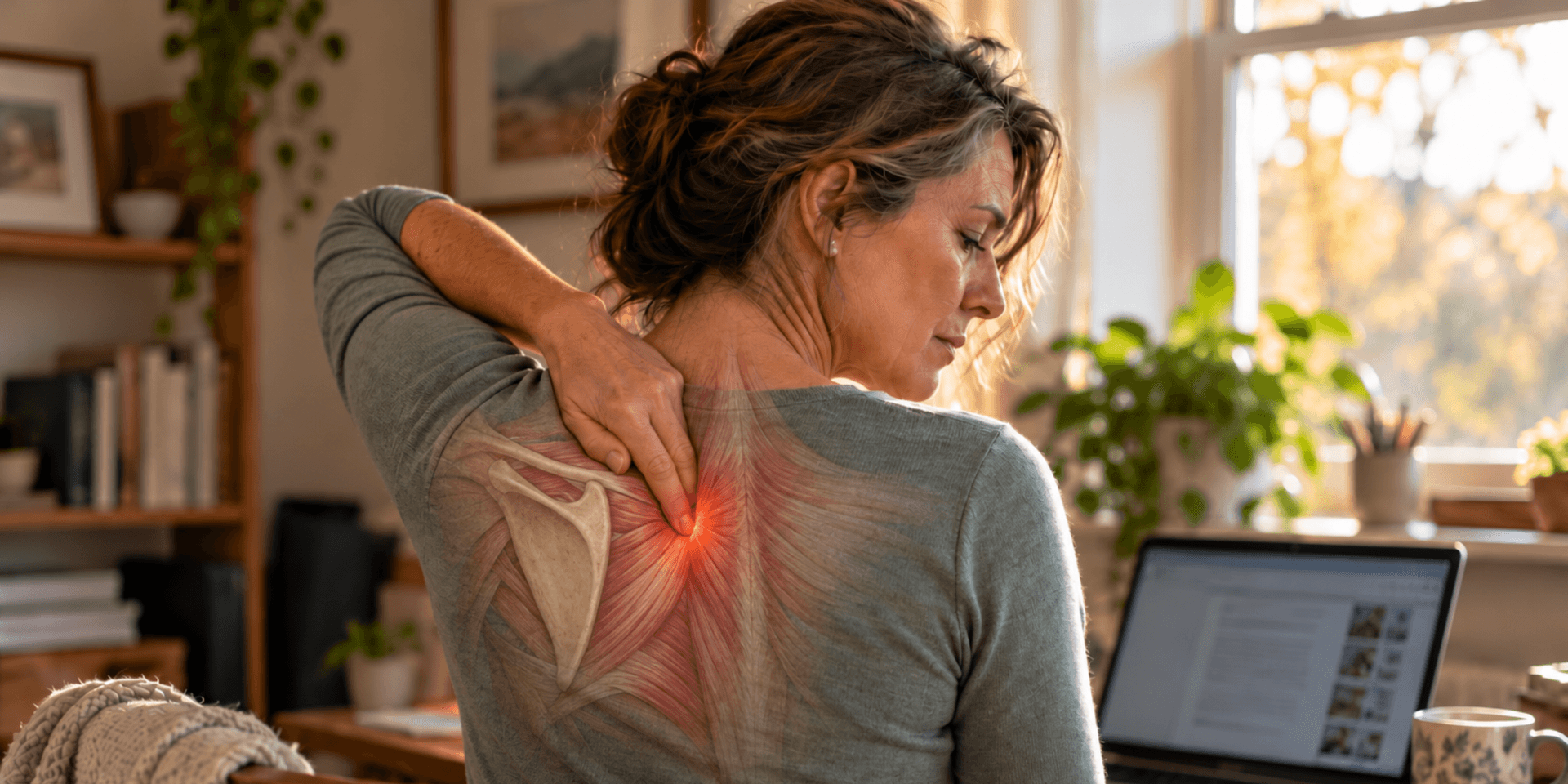 Woman rubbing her back, experiencing discomfort, with a computer and plants in background