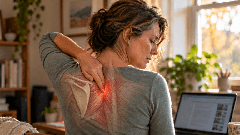 Woman rubbing her back, experiencing discomfort, with a computer and plants in background
