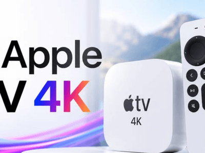 Apple TV 4K device and remote against a scenic background with colorful accents
