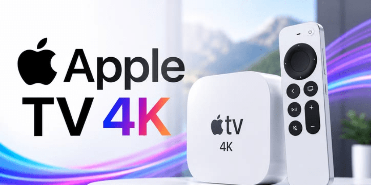 Apple TV 4K device and remote against a scenic background with colorful accents