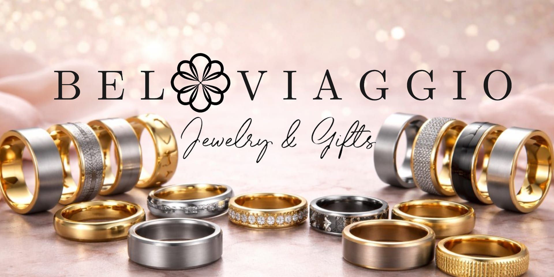 Bel Viaggio Jewelry & Gifts logo above custom gold and silver wedding bands and diamond rings.