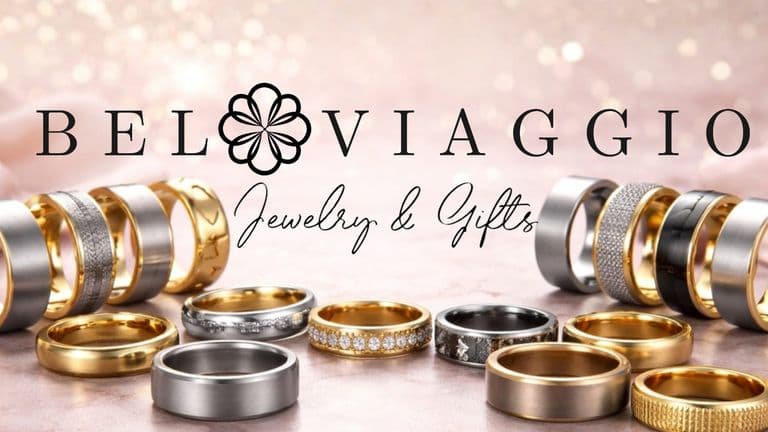 Bel Viaggio Jewelry & Gifts logo above custom gold and silver wedding bands and diamond rings.