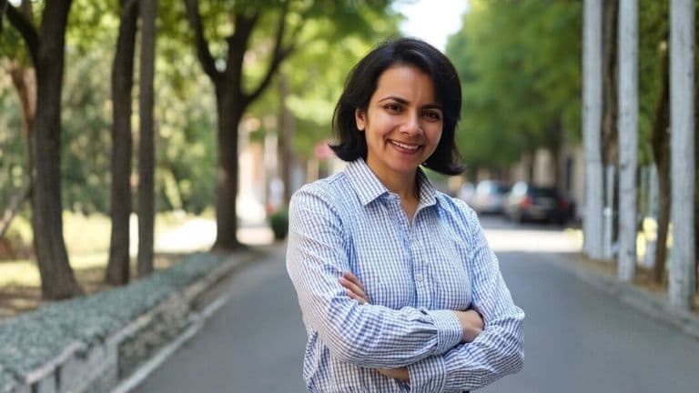 Smiling woman in checkered shirt standing with crossed arms on a quiet tree-lined street.