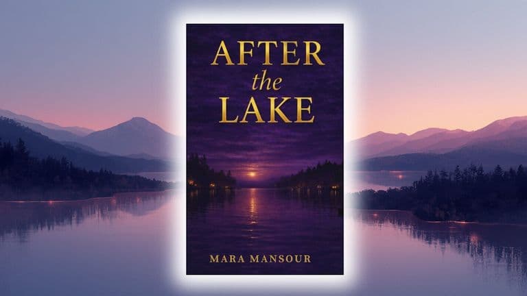 A serene lake at sunset, with soft purple hues and distant mountains, symbolizing the emotional depth in After The Lake.