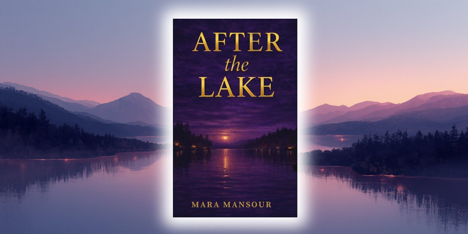 A serene lake at sunset, with soft purple hues and distant mountains, symbolizing the emotional depth in After The Lake.