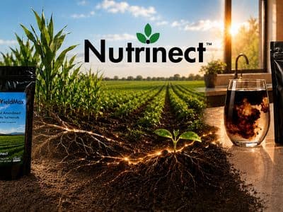 Nutrinect Vitalité and YieldMax Humalite products displayed between farmland and a home setting with the Nutrinect logo.