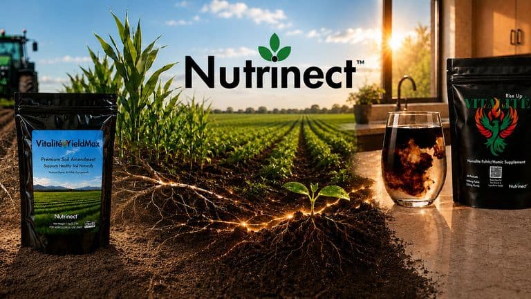Nutrinect Vitalité and YieldMax Humalite products displayed between farmland and a home setting with the Nutrinect logo.