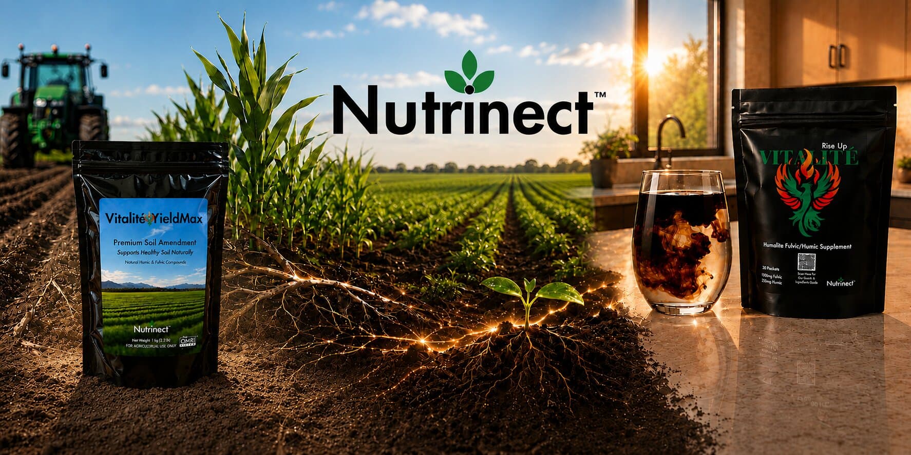 Nutrinect Vitalité and YieldMax Humalite products displayed between farmland and a home setting with the Nutrinect logo.
