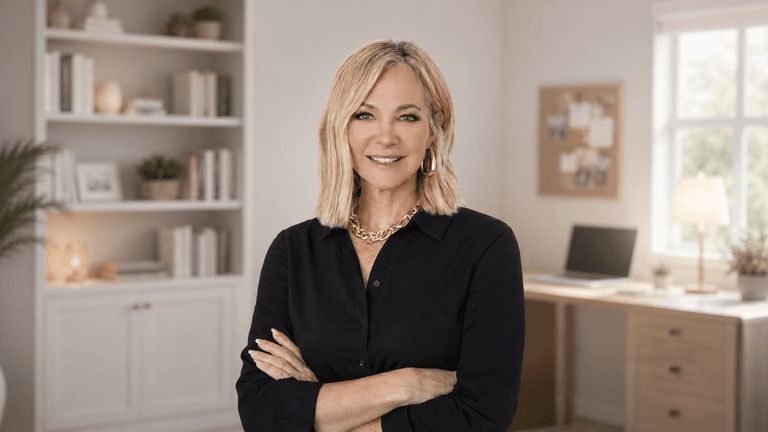 Professional headshot of a smiling blonde woman in a black blouse standing in a bright home office.