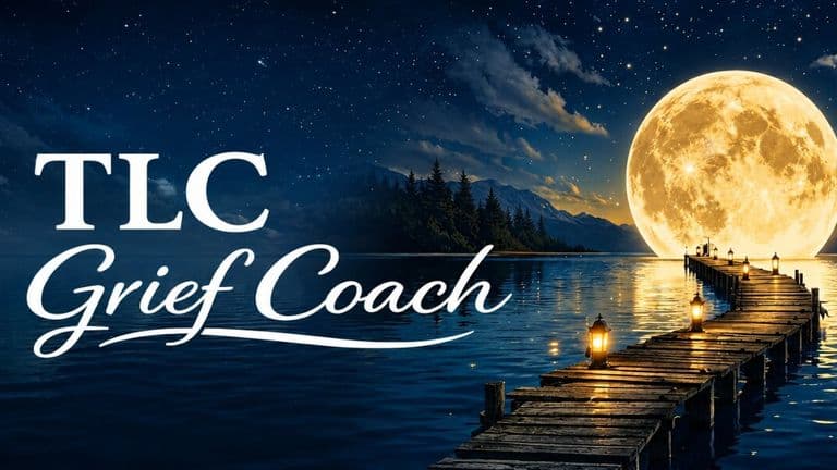 Moonlit lake with wooden dock and lanterns beside TLC Grief Coach logo.