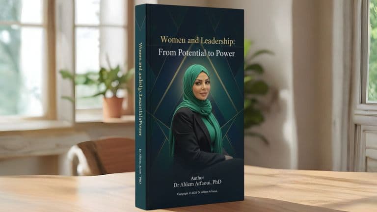 Book cover for 'Women and Leadership: From Potential to Power' by Dr. Ahlem Arfaoui, featuring a professional woman in a green hijab.