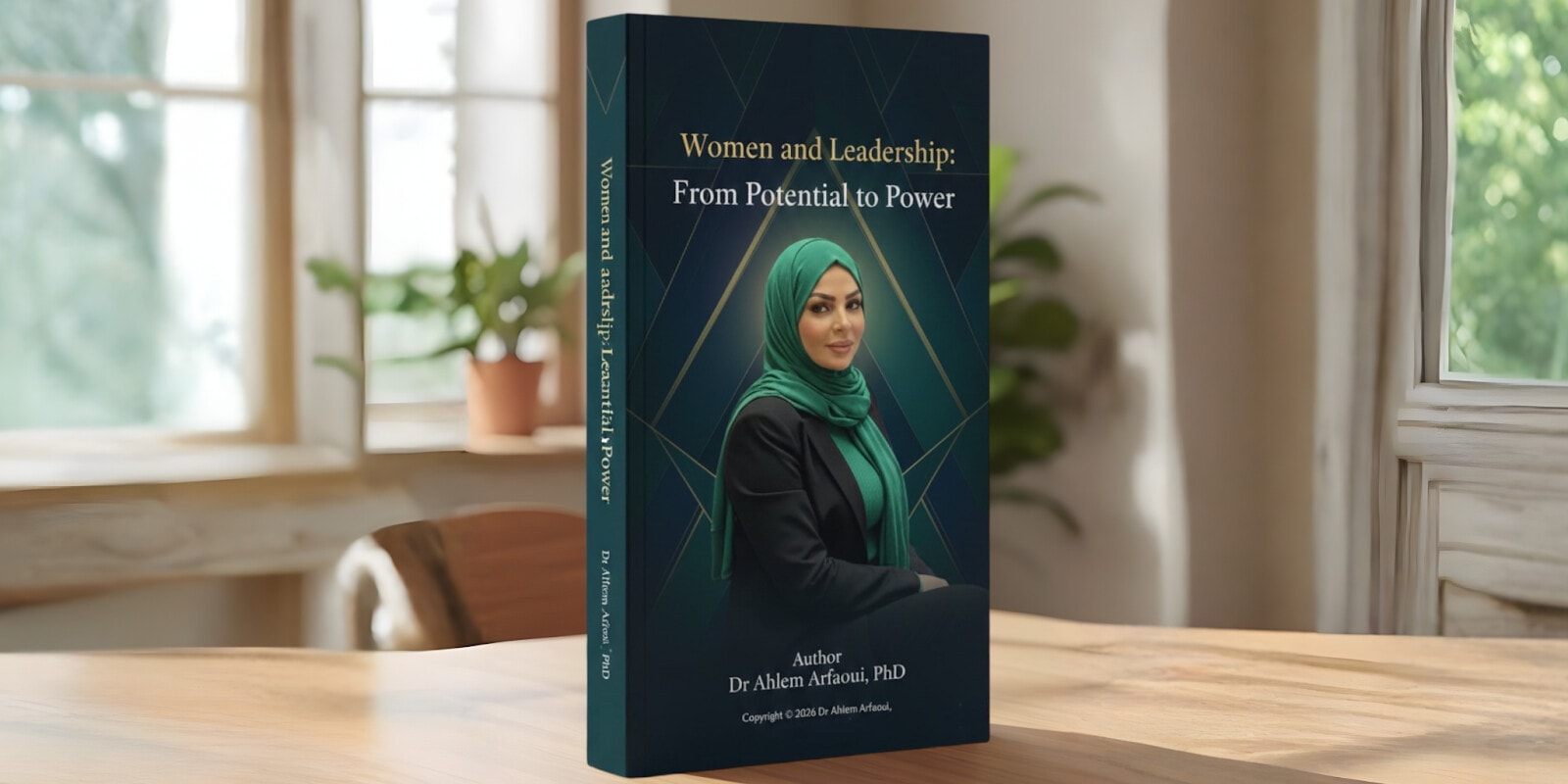 Book cover for 'Women and Leadership: From Potential to Power' by Dr. Ahlem Arfaoui, featuring a professional woman in a green hijab.